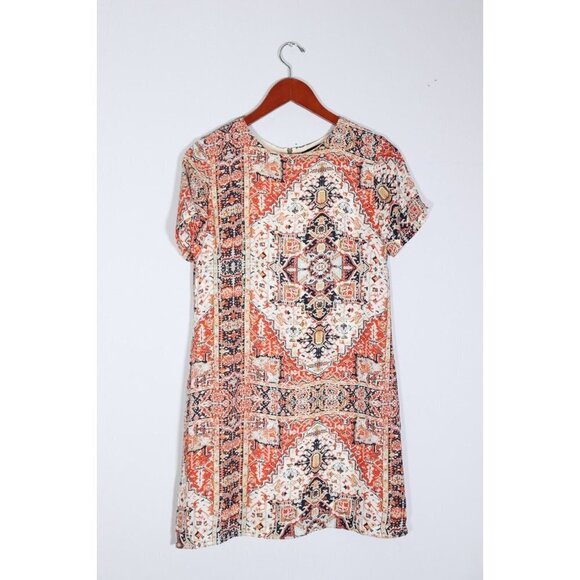 Olivaceous Women Medium Beige Orange Paisley Shirt Dress S/S Crepe Graphic Mini - Picture 4 of 7